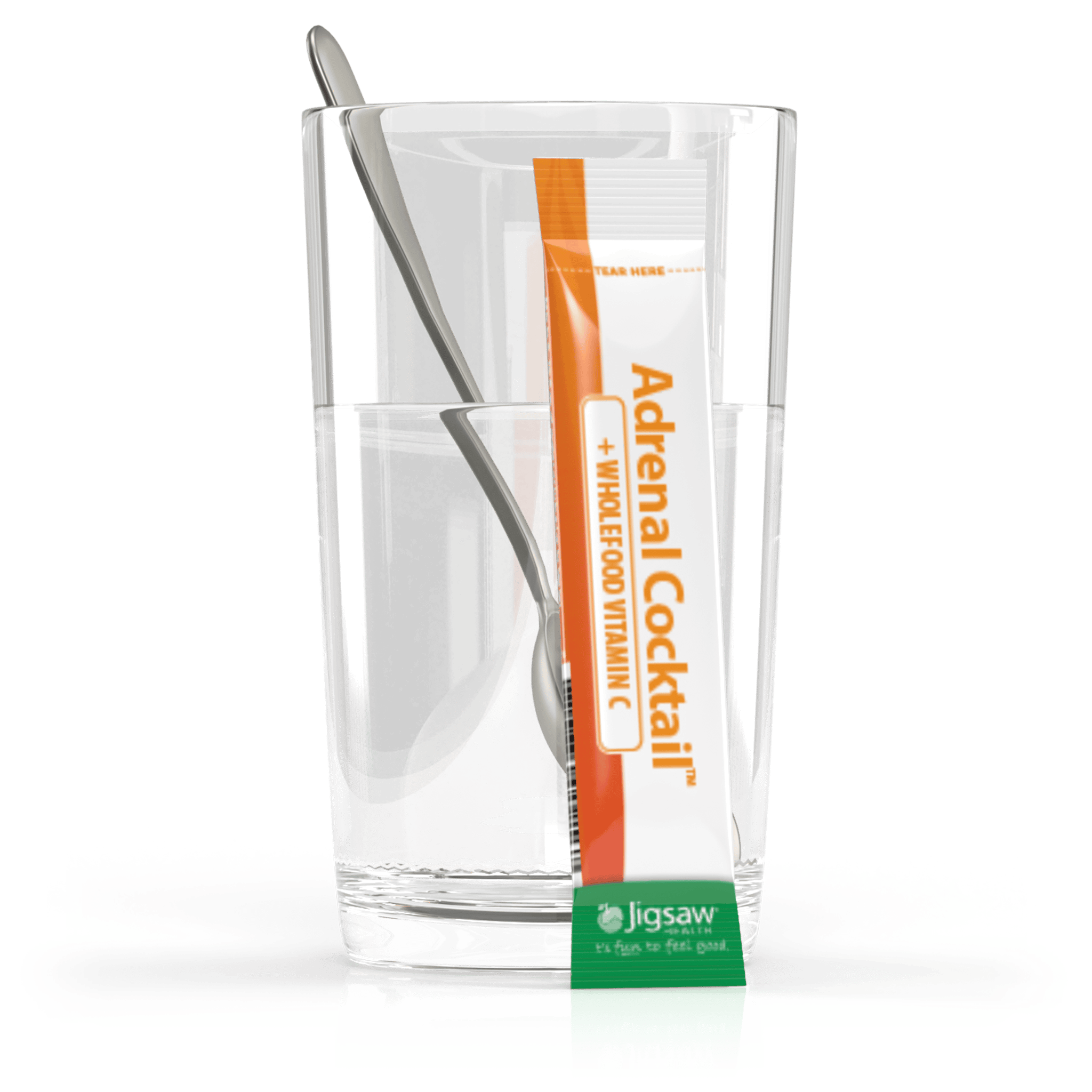 Jigsaw Adrenal Cocktail packet next to a glass of water