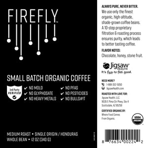Firefly small batch organic coffee label with certification details and branding information.