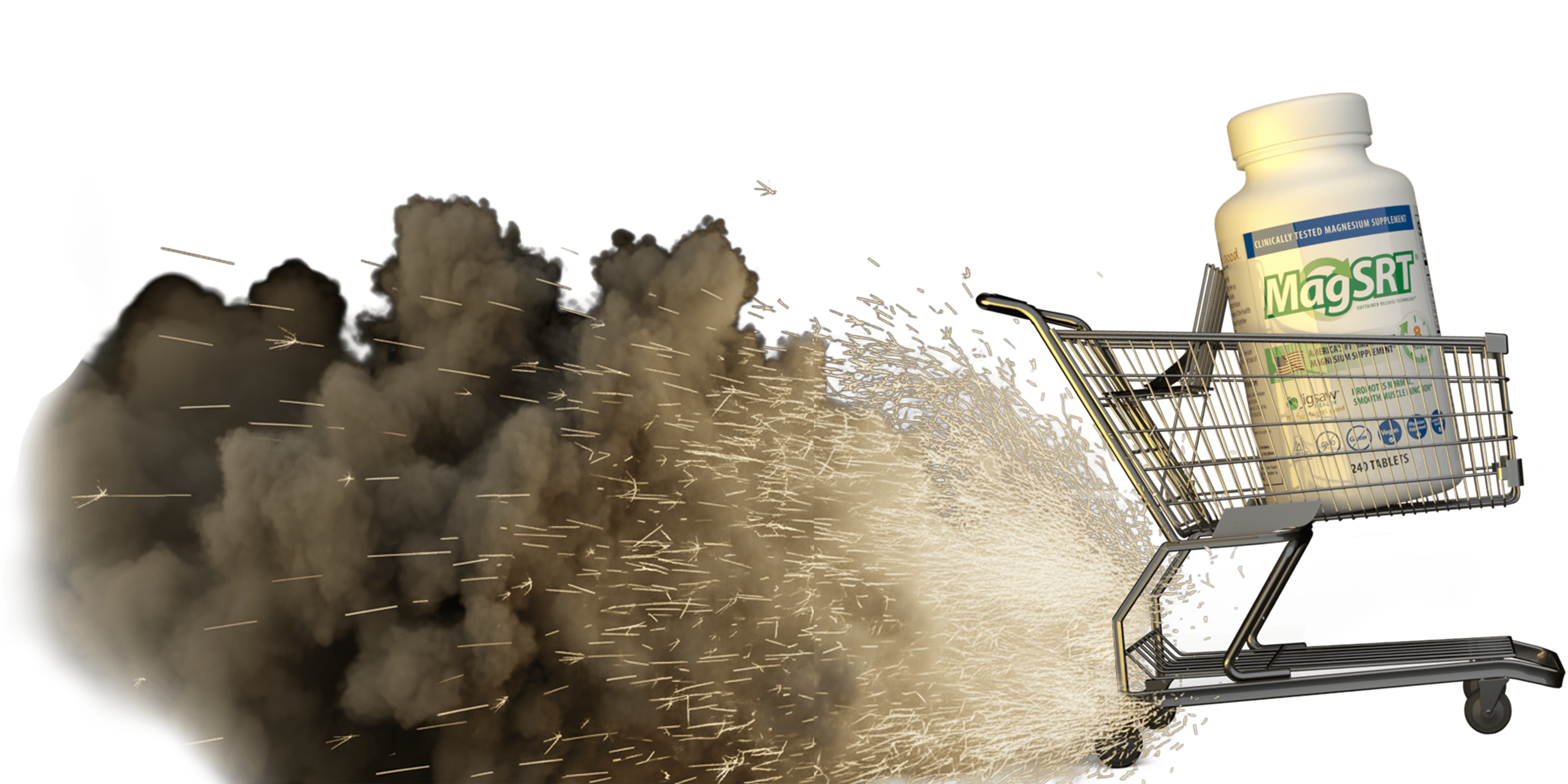Bottle of MagSRT in a shopping cart with a cloud of dust or smoke effect 
