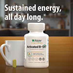 Jigsaw Activated B w/SRT bottle next to text reading: Sustained Energy, All Day Long. Includes Shop now button
