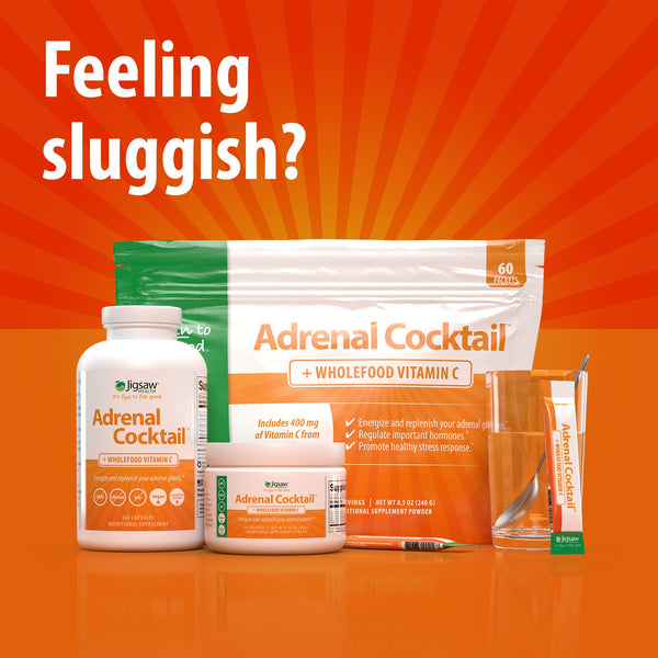 Jigsaw Adrenal Cocktail bottle and jar next to text reading: Feeling sluggish? Includes shop now button.