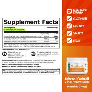 Supplement label for Adrenal Cocktail with Vitamin C, featuring ingredient list and product details.