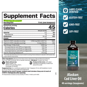 Supplement facts label for Alaskan Cod Liver Oil with product image 