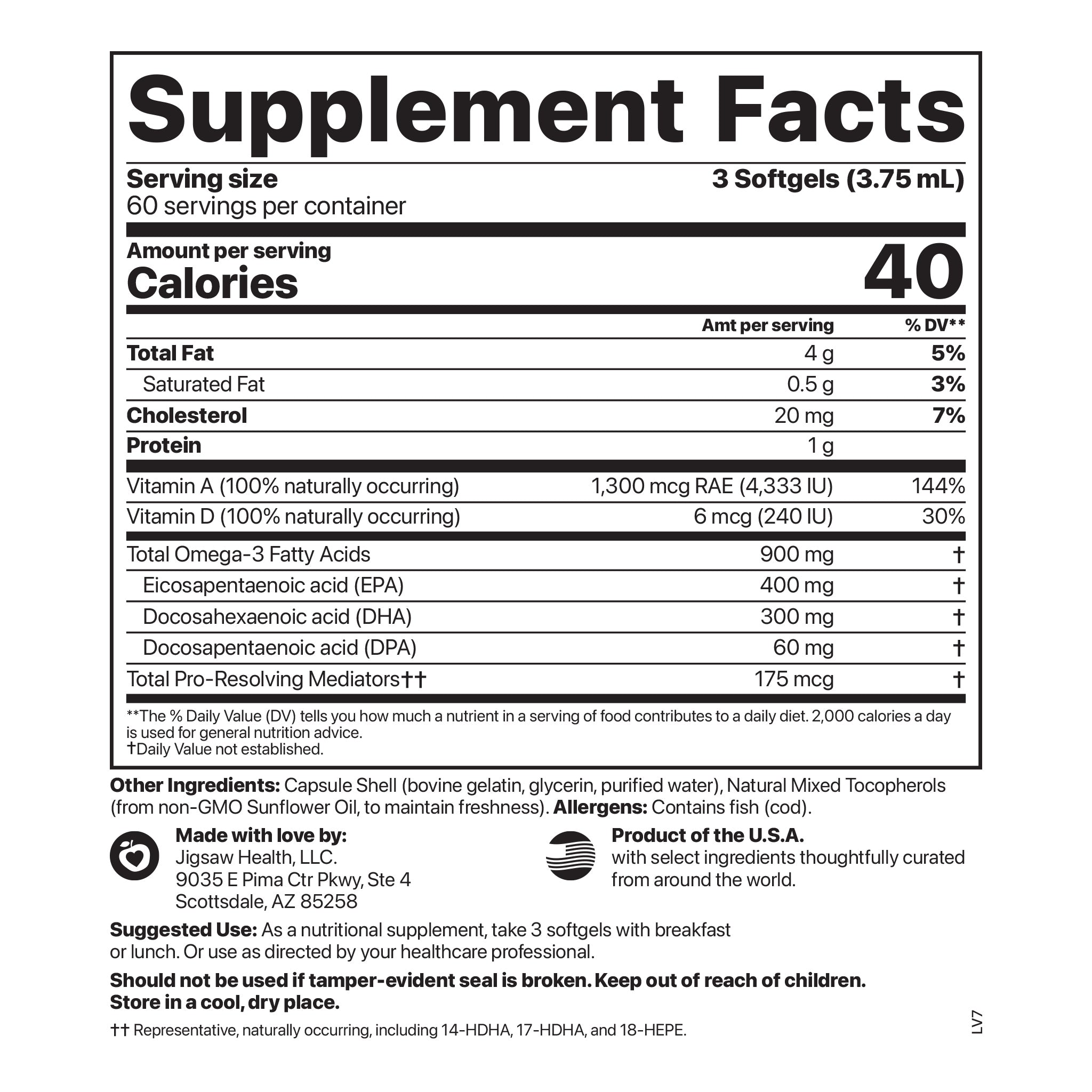 Supplement facts for Jigsaw Alaskan Cod Liver Oil softgels