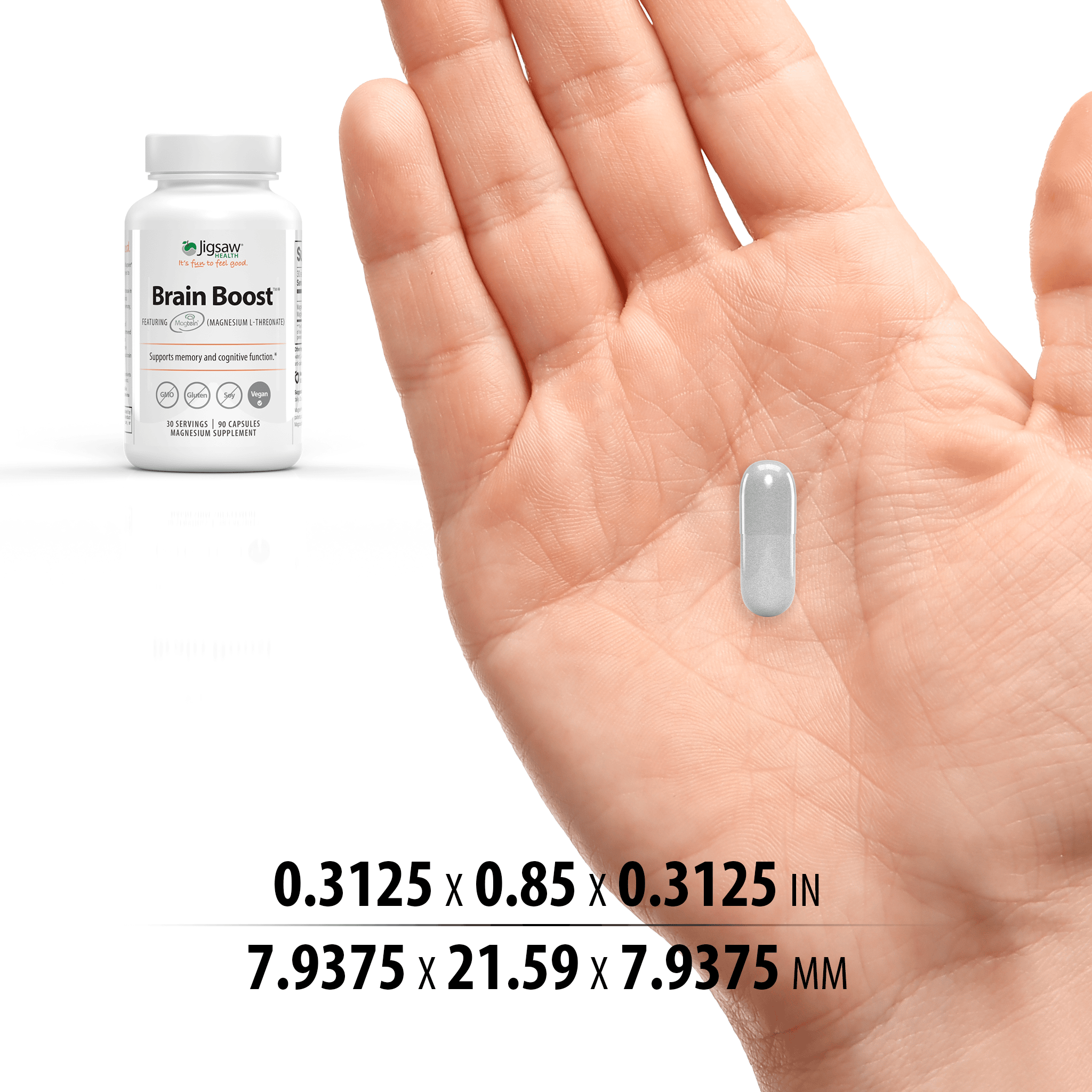 Jigsaw Brain Boost pill in hand