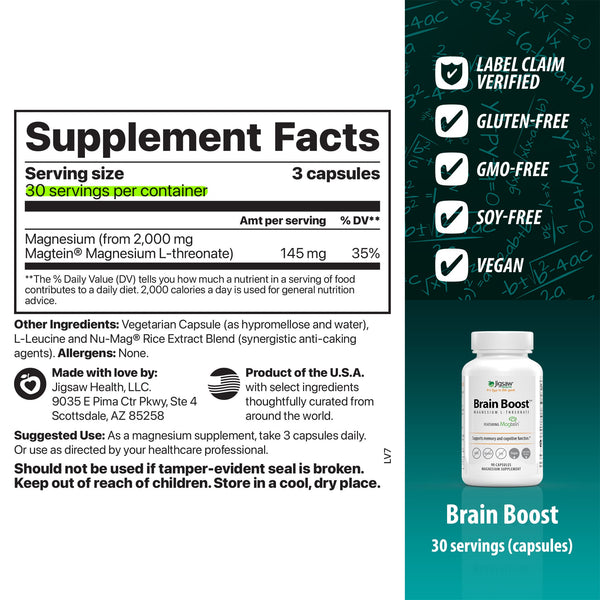 Supplement label for Brain Boost with serving size, ingredients, and product details.