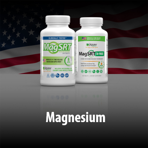 Two bottles of MagSRT magnesium supplement with an American flag in the background