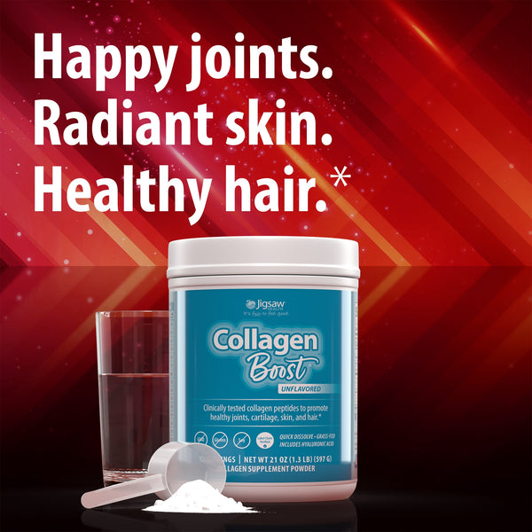 Happy joints, radiant skin, healthy hair, Jigsaw Collagen Boost jar