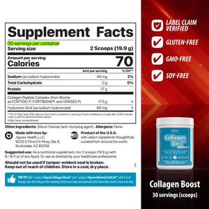 Supplement facts label and container of Collagen Boost 