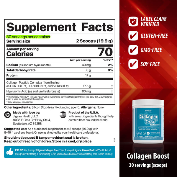 Supplement facts label and container of Collagen Boost 