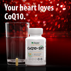 Jigsaw CoQ10 w/SRT bottle under text reading: Love your heart. Includes Shop now button.