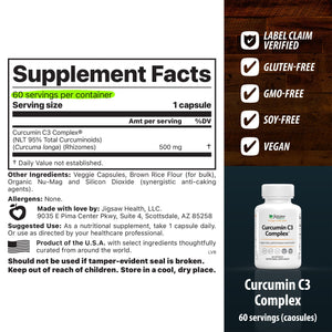 Supplement label for Curumin C3 Complex with product packaging 