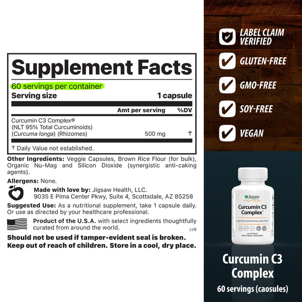 Supplement label for Curumin C3 Complex with product packaging 