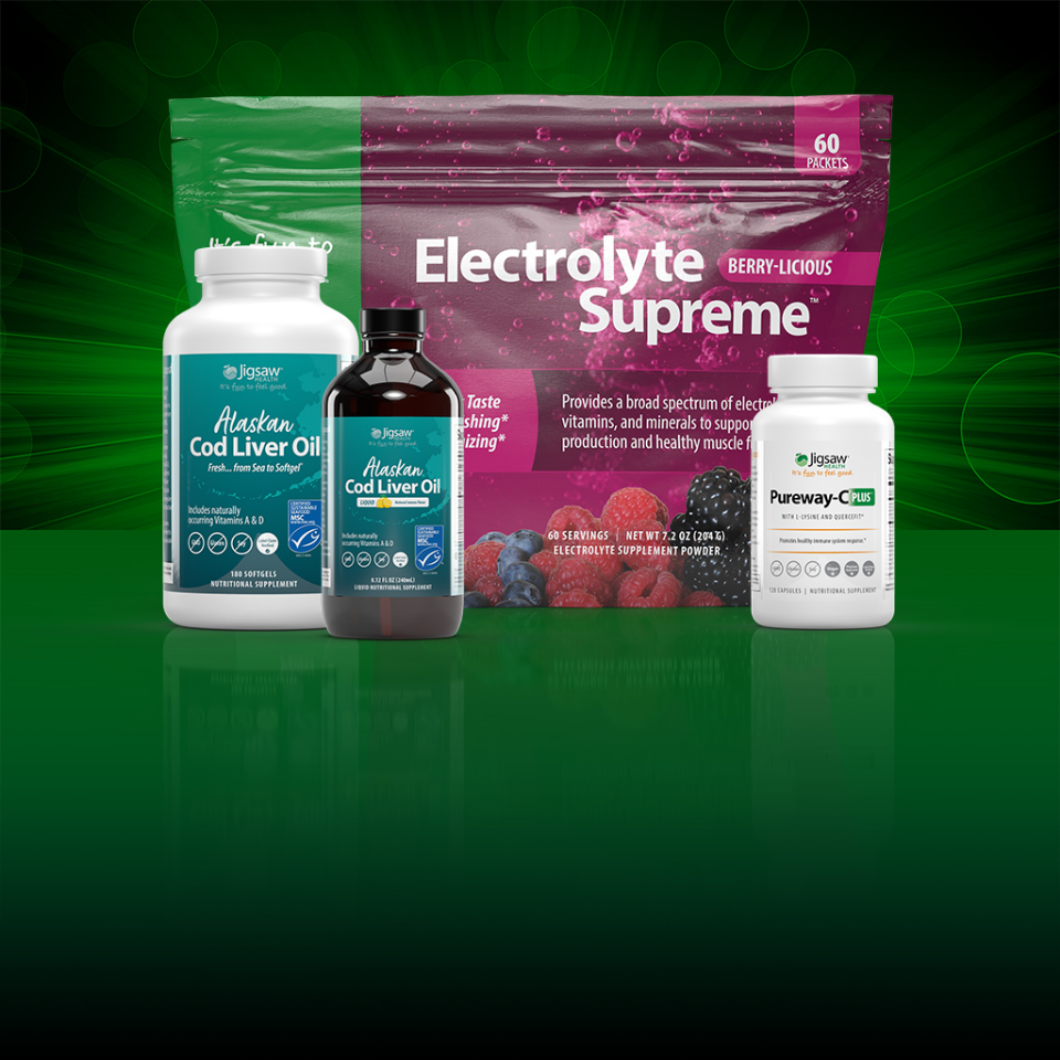 Supplement products including 'Alaskan Cod Liver Oil', 'Pureway-C Plus' and 'Electrolyte Supreme' bottles