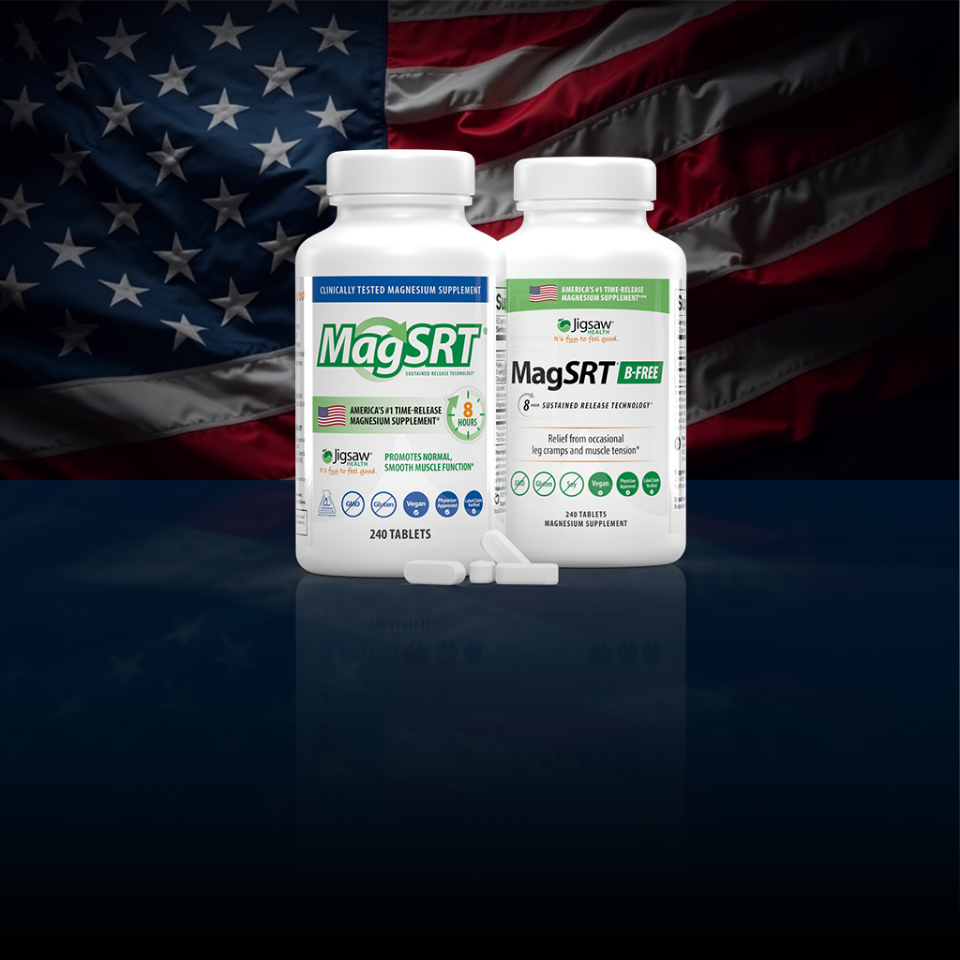 Two bottles of MagSRT supplement in front of an American flag