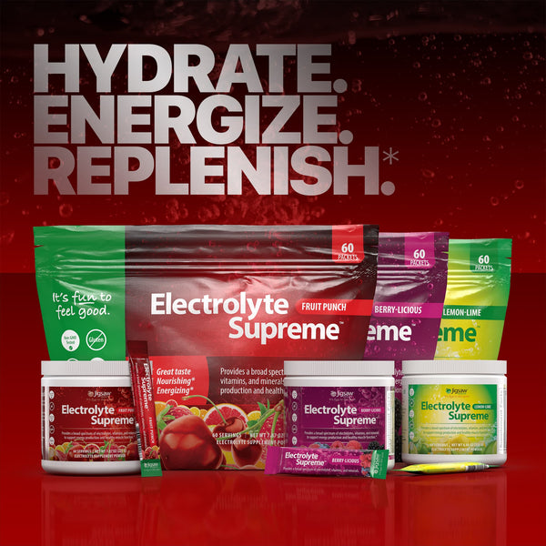 Jigsaw Electrolyte Supreme Fruit Punch bundle with Shop now button under text reading: Hydrate, Energize, Replenish.