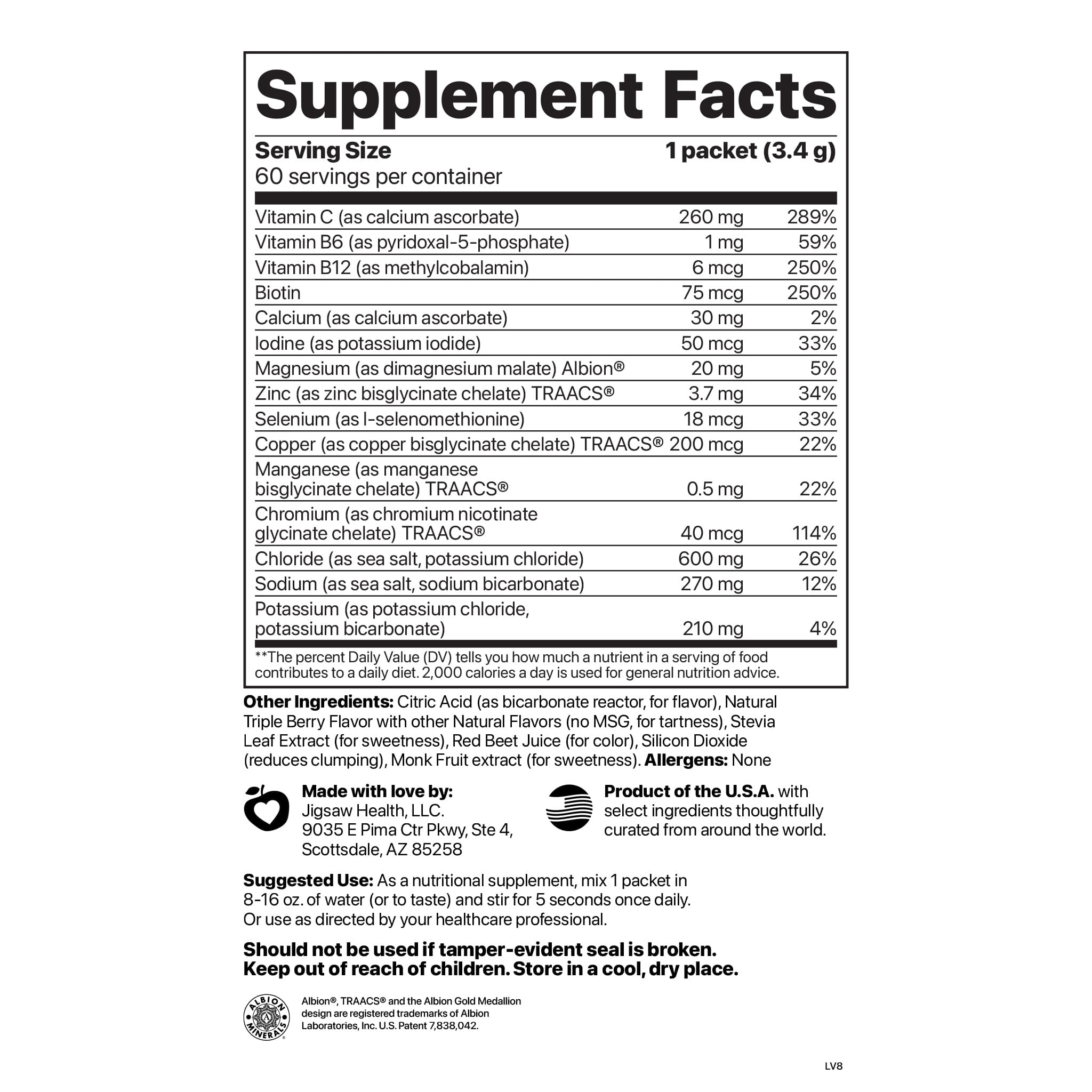 Supplement Facts for Jigsaw Electrolyte Supreme berry-licious packet