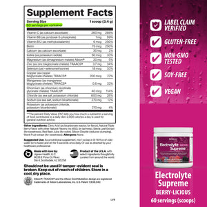 Supplement facts label for Electrolyte Supreme Berry-Licious with product packaging 