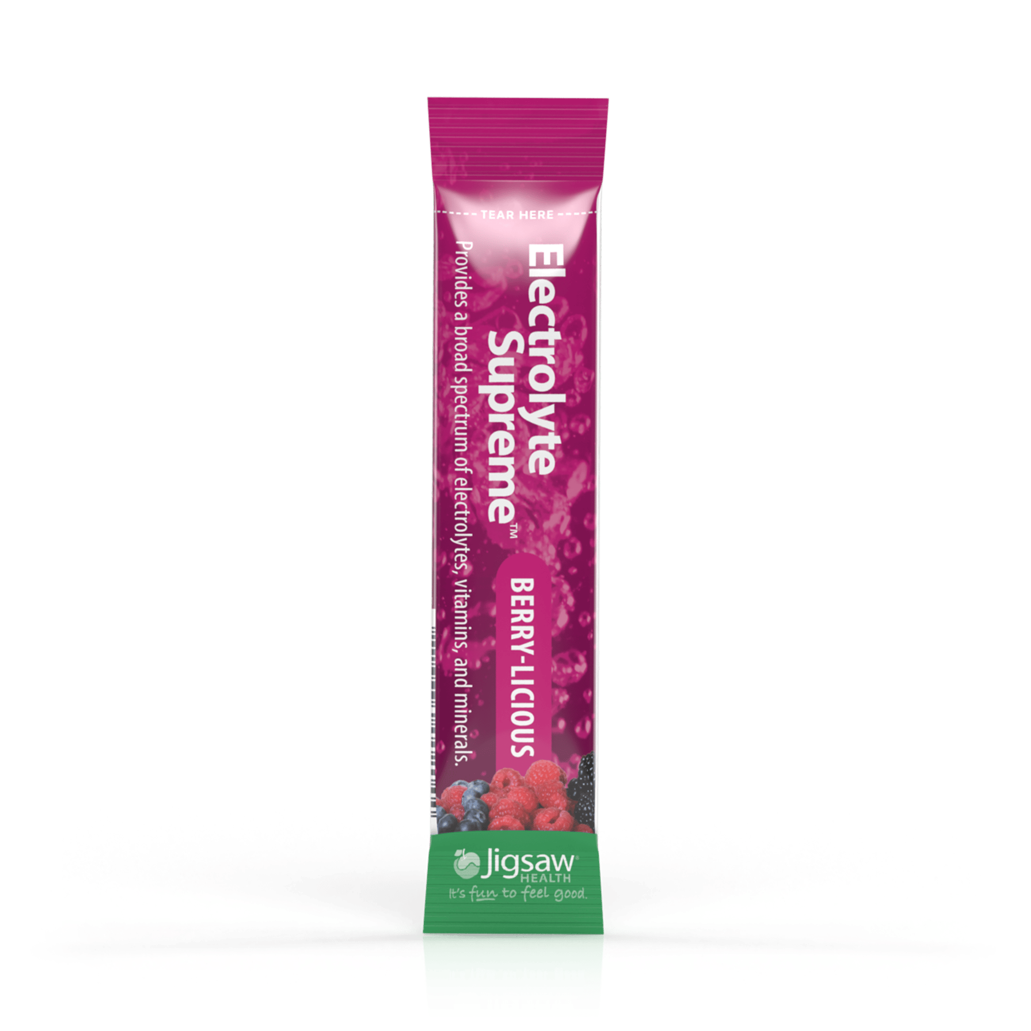Jigsaw Electrolyte Supreme Berry Licious powder packet on a transparent background