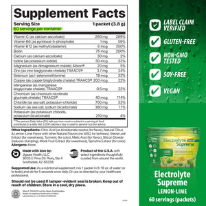 Supplement facts label with green background and product packaging for Electrolyte Supreme Lemon Lime flavor.