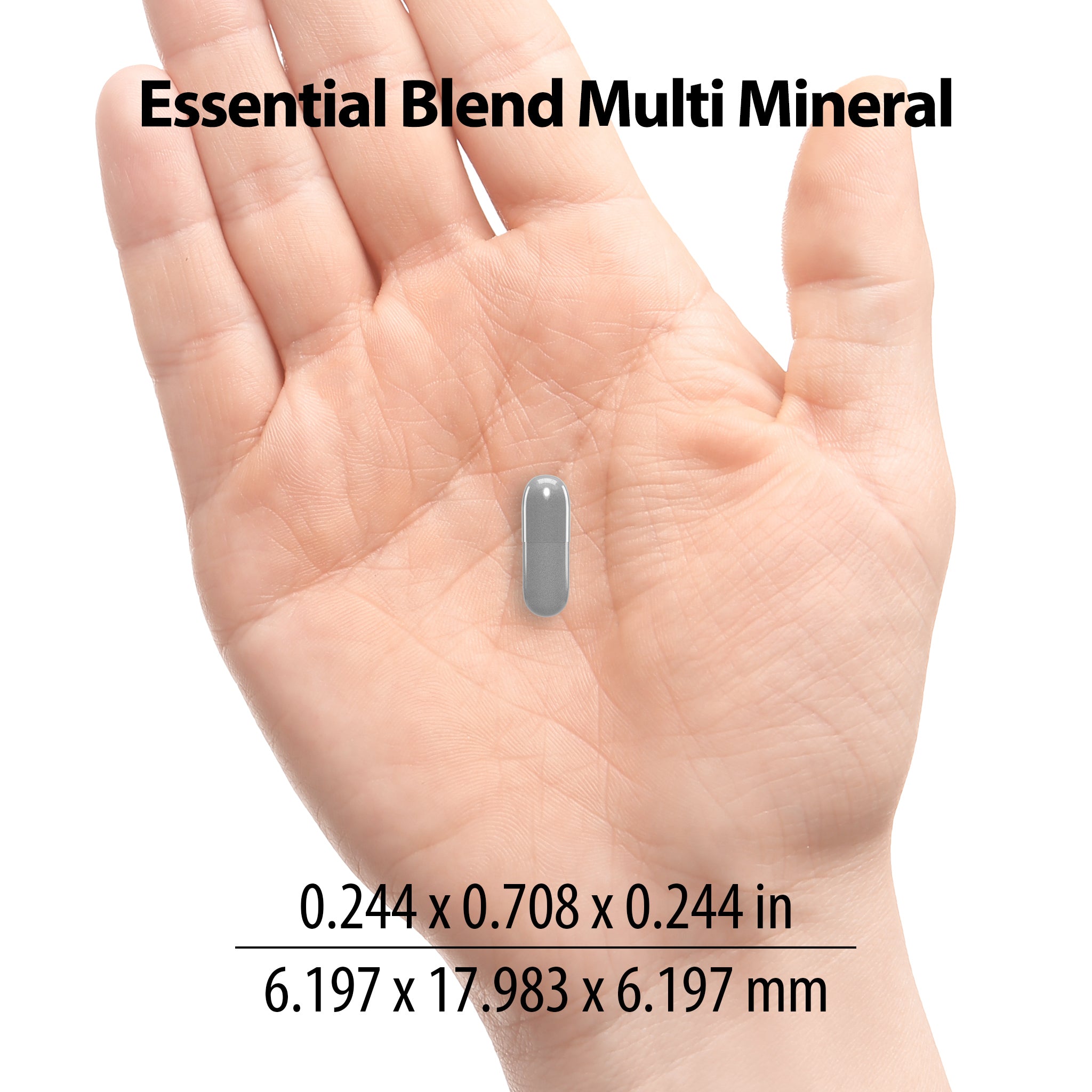 Jigsaw Essential Blend Multi-Mineral pill with dimensions