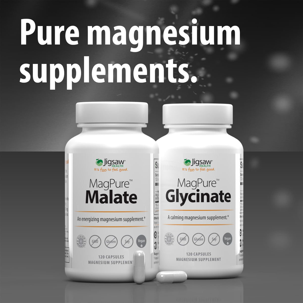 Jigsaw MagPure Malate and Glycinate bottles with Shop now button next to text reading: Pure magnesium supplements 