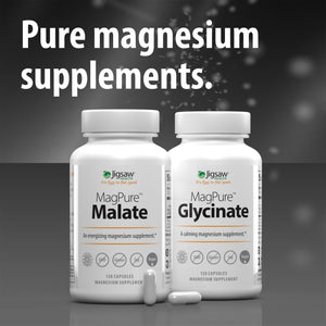 Jigsaw MagPure Malate and Glycinate bottles with Shop now button next to text reading: Pure magnesium supplements 