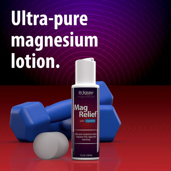 MagRelief bottle next to text reading: Ultra-pure magnesium lotion. Includes Shop now button