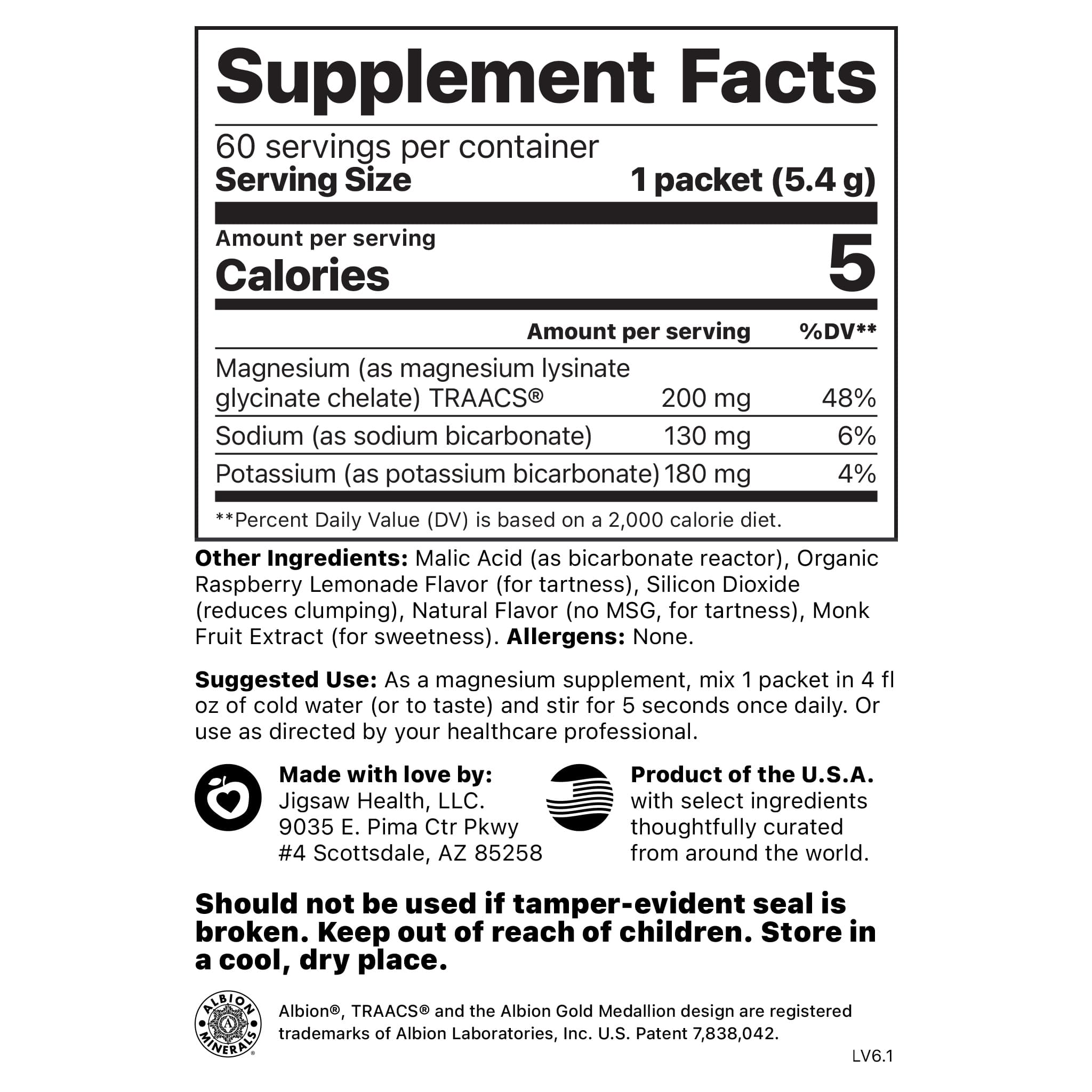 Jigsaw MagSoothe bag supplement facts
