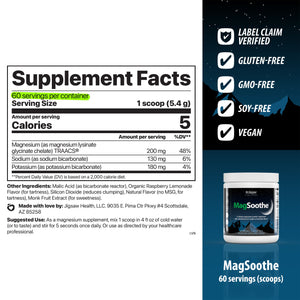 Supplement facts label and container of MagSoothe with verification badges 