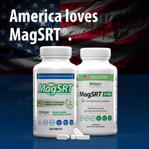 Two bottles of MagSRT supplement with an American flag in the background