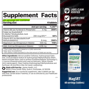 Supplement label for MagSRT with ingredient list and verification badges 