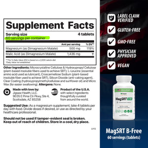 Supplement label with product details and a bottle of MagSRT B-Free 