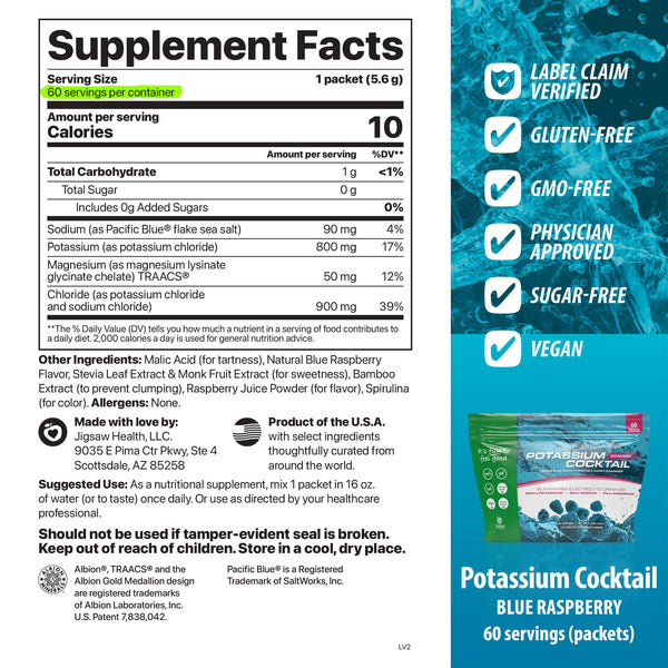 Supplement facts label for a Potassium Cocktail product with branding and product images on the right.