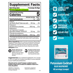 Supplement facts label for Potassium Cocktail with blue raspberry flavor 