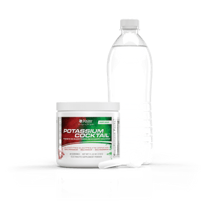 Potassium supplement powder container and water bottle on a reflective surface with a white background