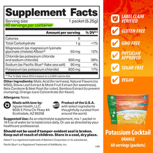 Supplement facts label for a potassium supplement with a colorful side panel 