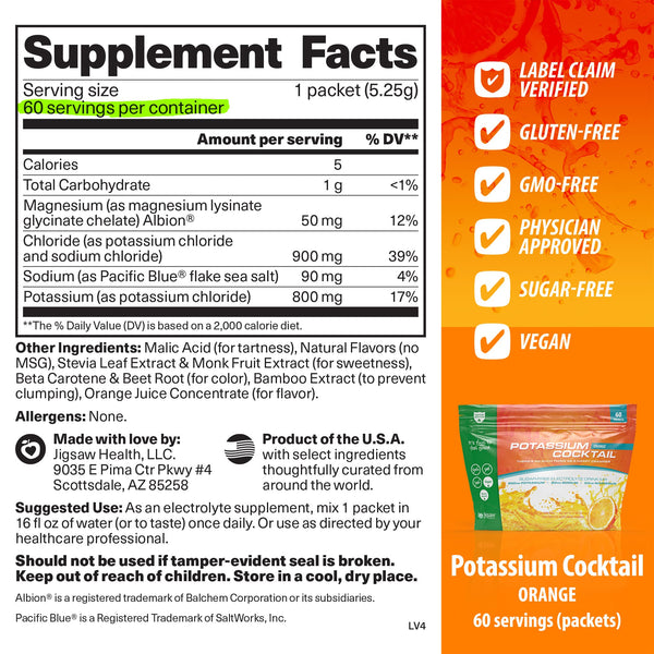 Supplement facts label for a potassium supplement with a colorful side panel 