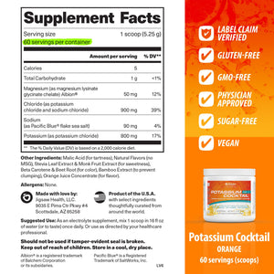 Supplement facts label and product packaging for Potassium Cocktail Orange 
