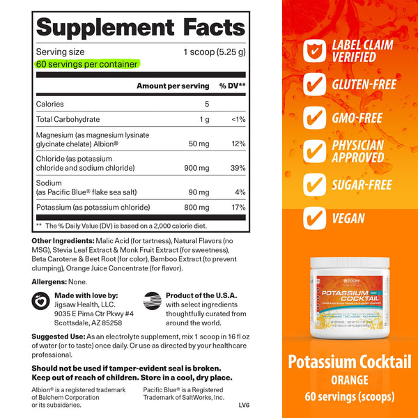 Supplement facts label and product packaging for Potassium Cocktail Orange 