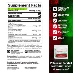 Supplement facts label and product packaging for Potassium Cocktail in White Cherry Limeade flavor.
