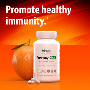 Jigsaw Pureway-C Plus bottle next to an orange. Text reads: Promote healthy immunity. Includes Shop now button.
