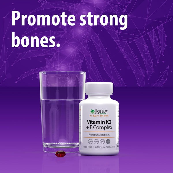 Jigsaw Vitamin K2 + E Complex bottle next to text reading: Promote strong bones. Includes Shop now button