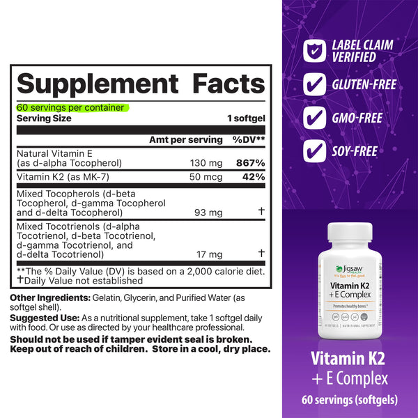 Supplement facts label and bottle of Vitamin K2 + E Complex 